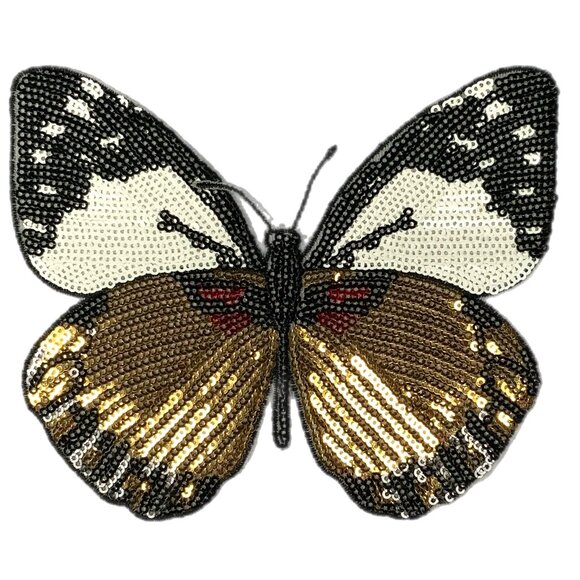NEW! Large Butterfly Iron On Sequins Patch Applique White Gold Red - Picture 1 of 7